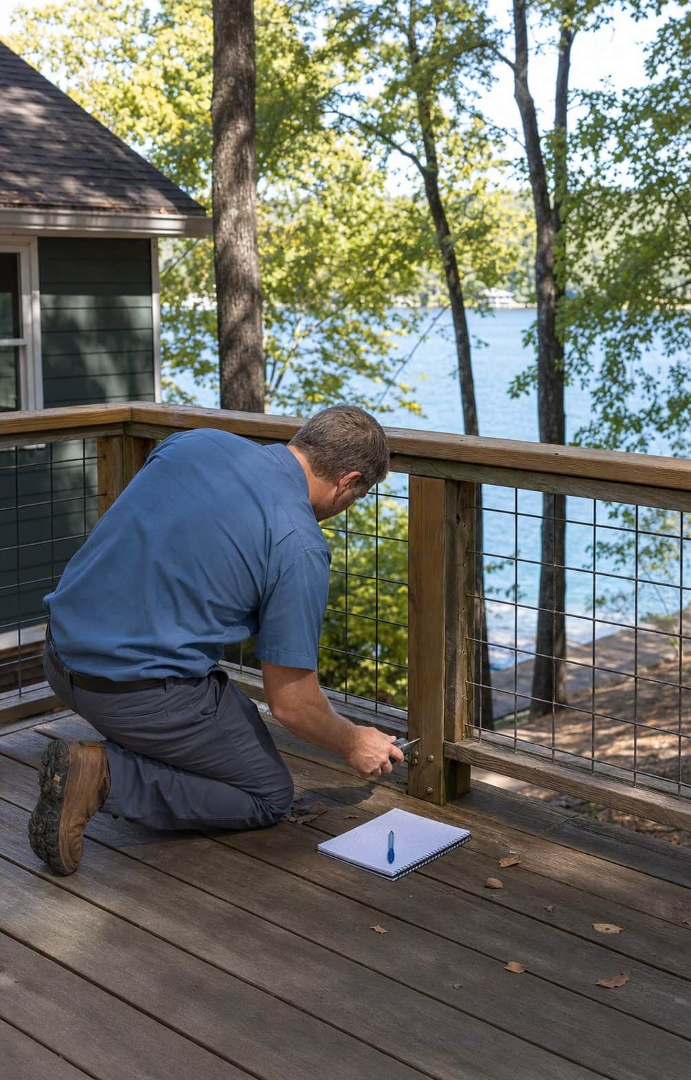 Property-care professional inspecting a lake-home deck railing